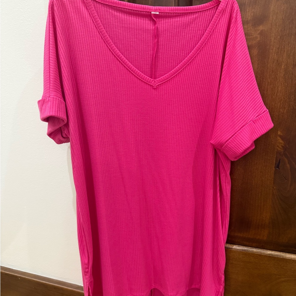 Women's Oversized Ribbed V-Neck Top - Hot Pink
